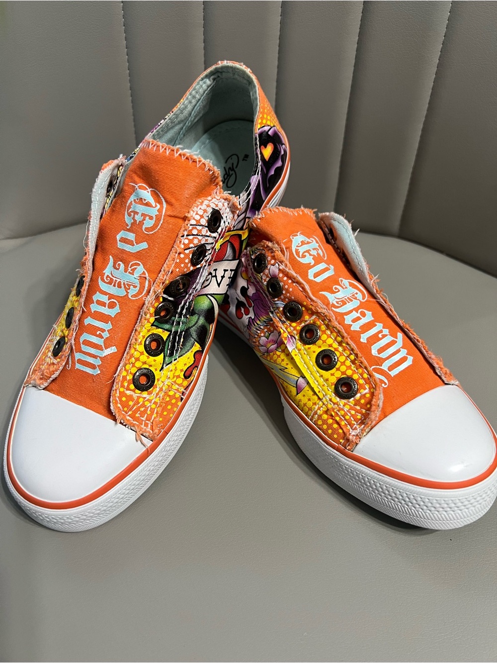 Ed Hardy Orange and Yellow Slip-On Tattoo-Graphic Sneakers